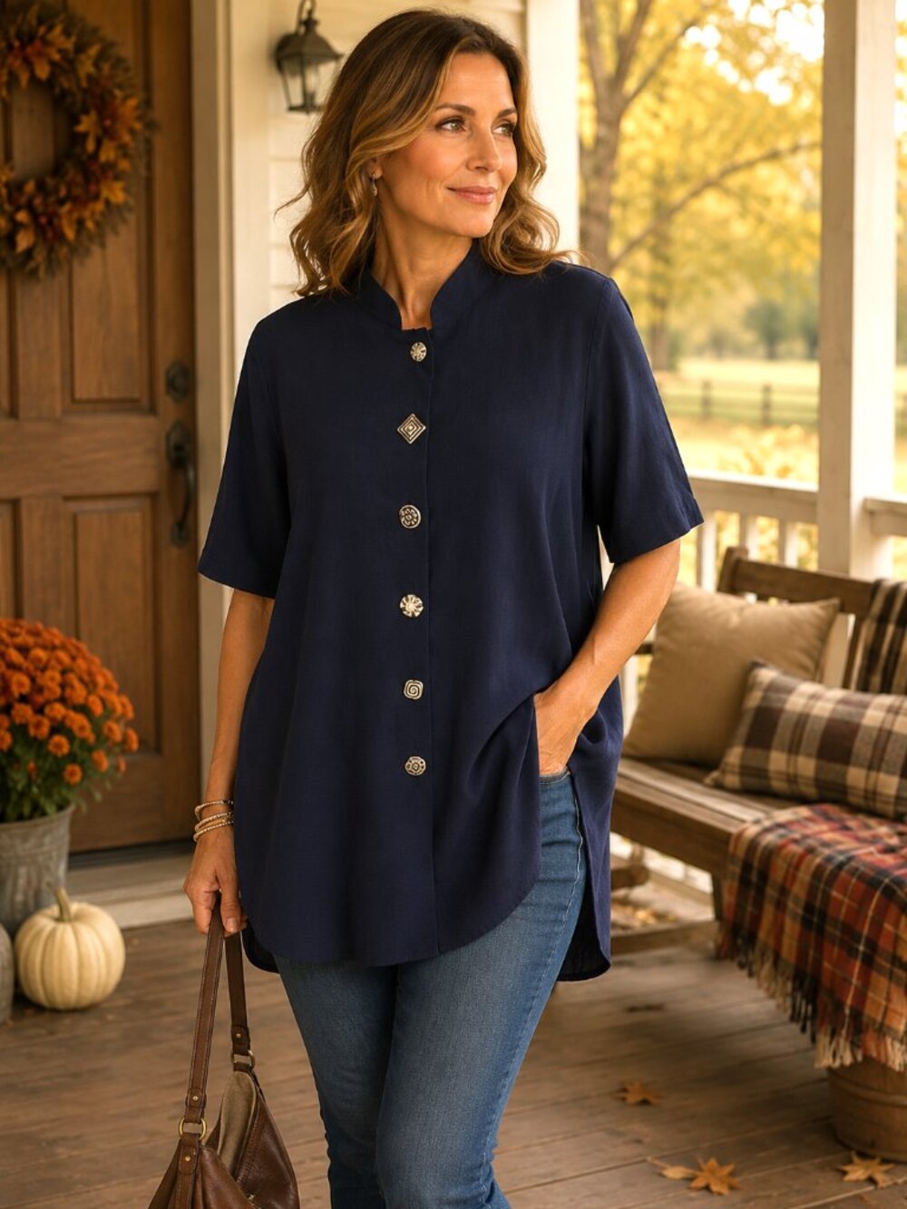 Vintage Tunic w/ Unique Buttons Two Twenty Rayon Blend Navy Blue Size 18